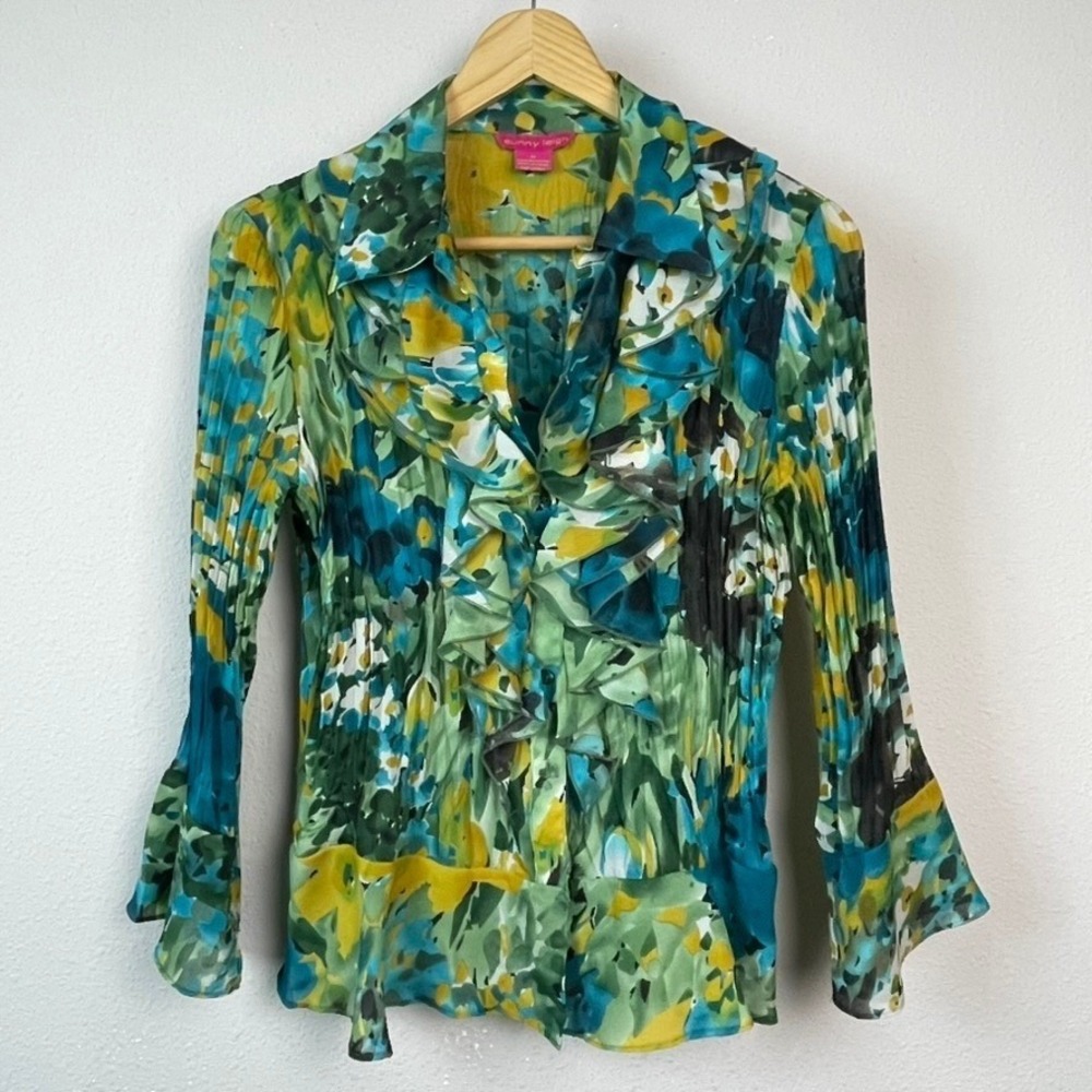 Sunny Leigh Ruffled Floral Blouse Womens Medium‎ Teal Green Pleated Bell Sleeve